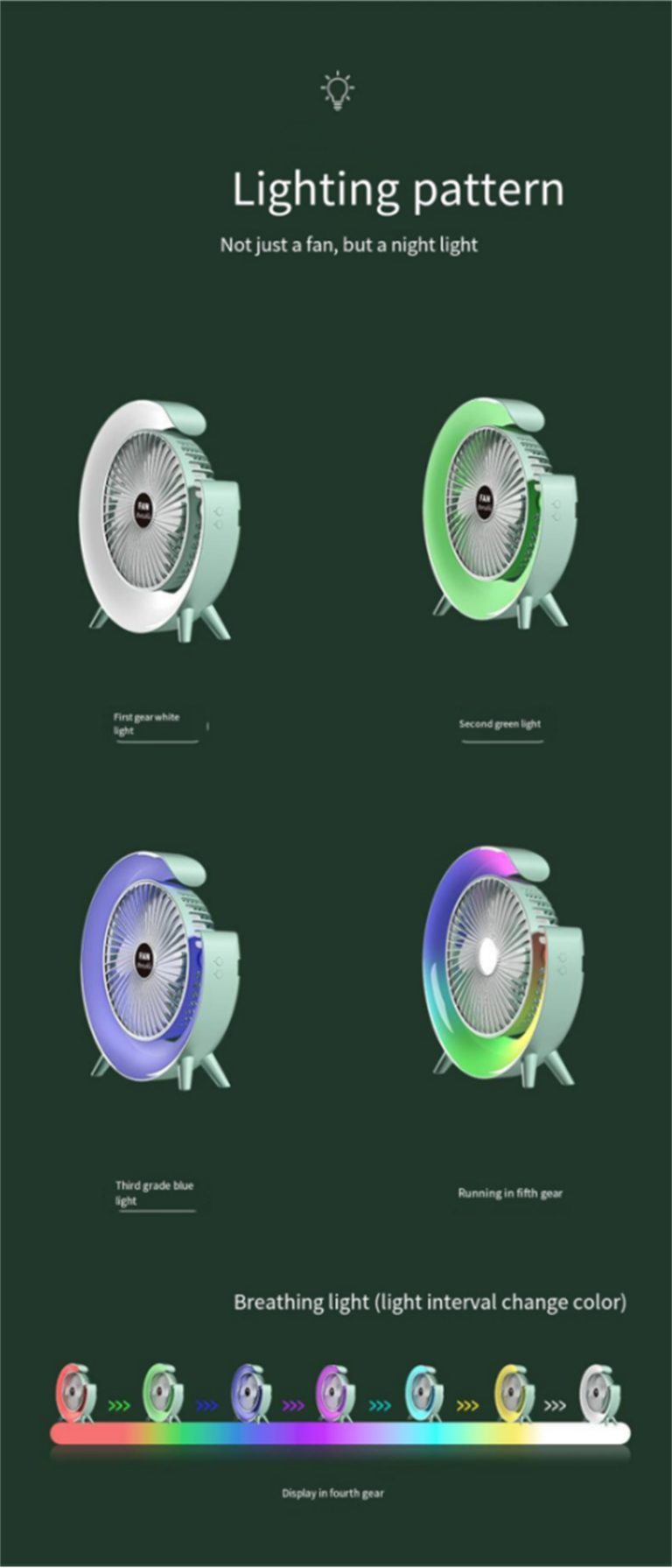 Adjustable 3-Speed Table Fan with Colorful LED Light