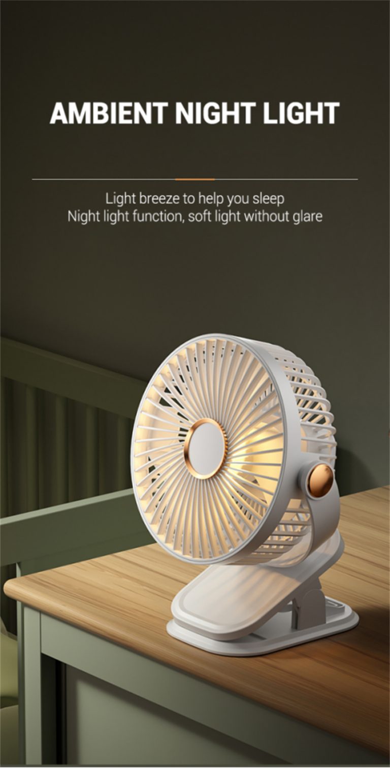 Portable USB Rechargeable Clip Fan with LED Light – 5 Speeds & 3 Modes