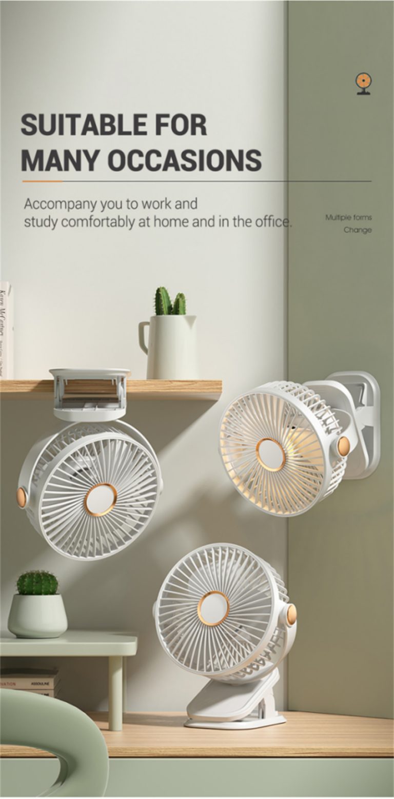 Portable USB Rechargeable Clip Fan with LED Light – 5 Speeds & 3 Modes